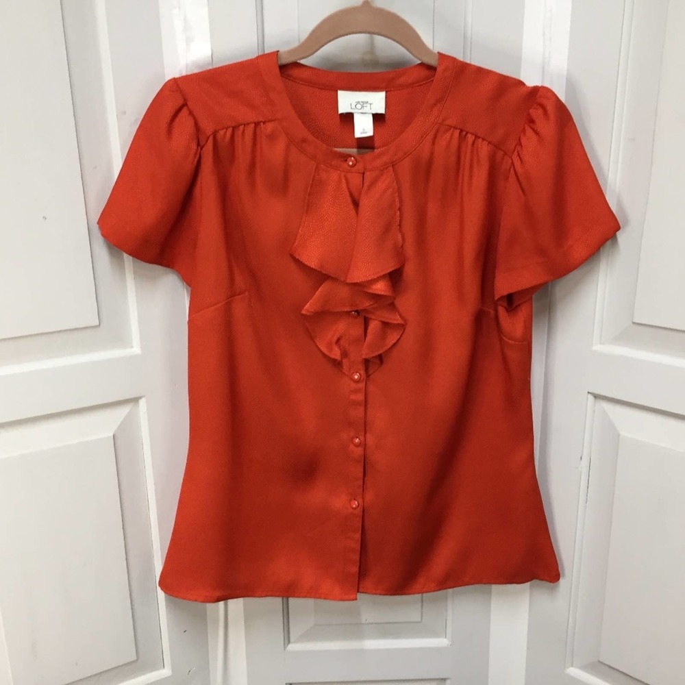 LOFT Orange Button Down Blouse w/ Ruffle Detail - Picture 1 of 16